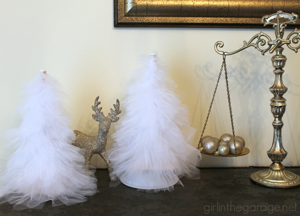 How to make beautiful DIY tulle trees for Christmas or winter decor. girlinthegarage.net