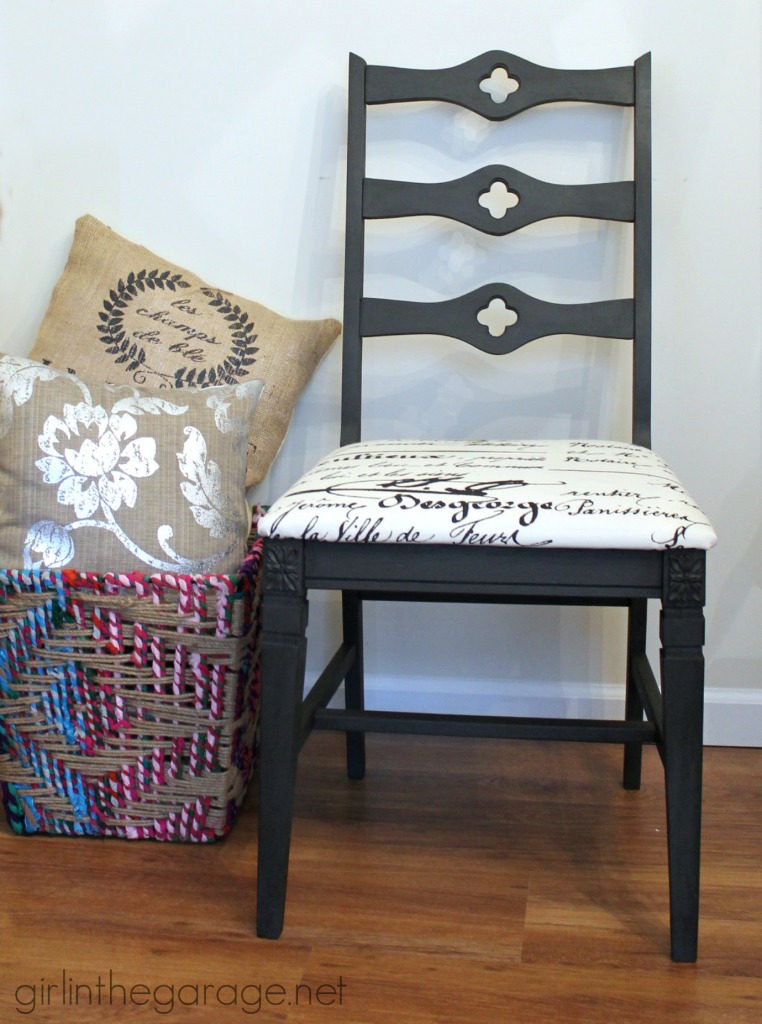 A Goodwill chair is updated with Graphite Chalk Paint and new French fabric. girlinthegarage.net A Goodwill chair is updated with Graphite Chalk Paint and new French fabric. girlinthegarage.net