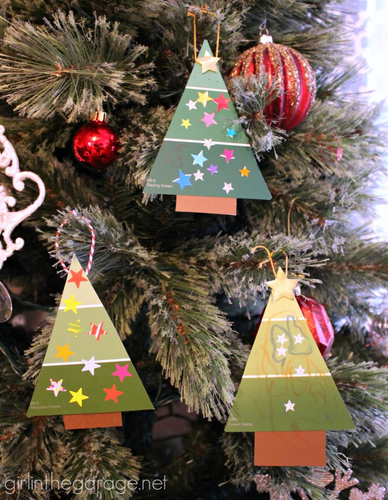 How to make a DIY paint chip Christmas tree ornament - easy project for kids!  girlinthegarage.net