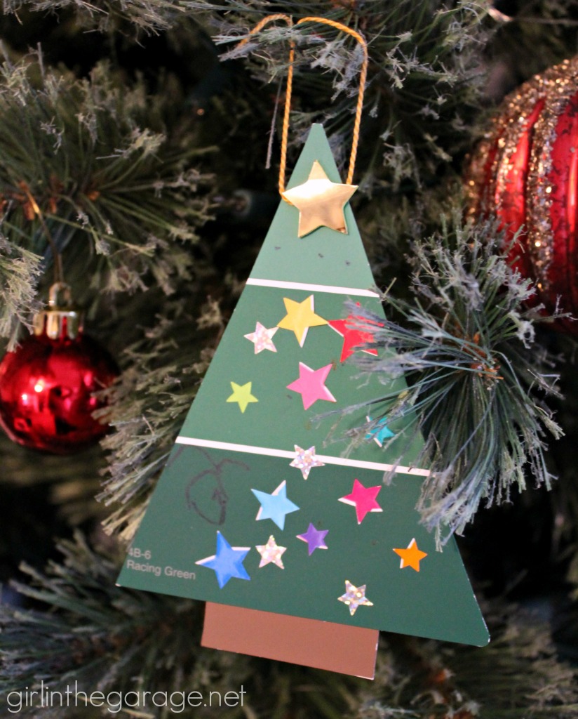 How to make a DIY paint chip Christmas tree ornament - easy project for kids!  girlinthegarage.net