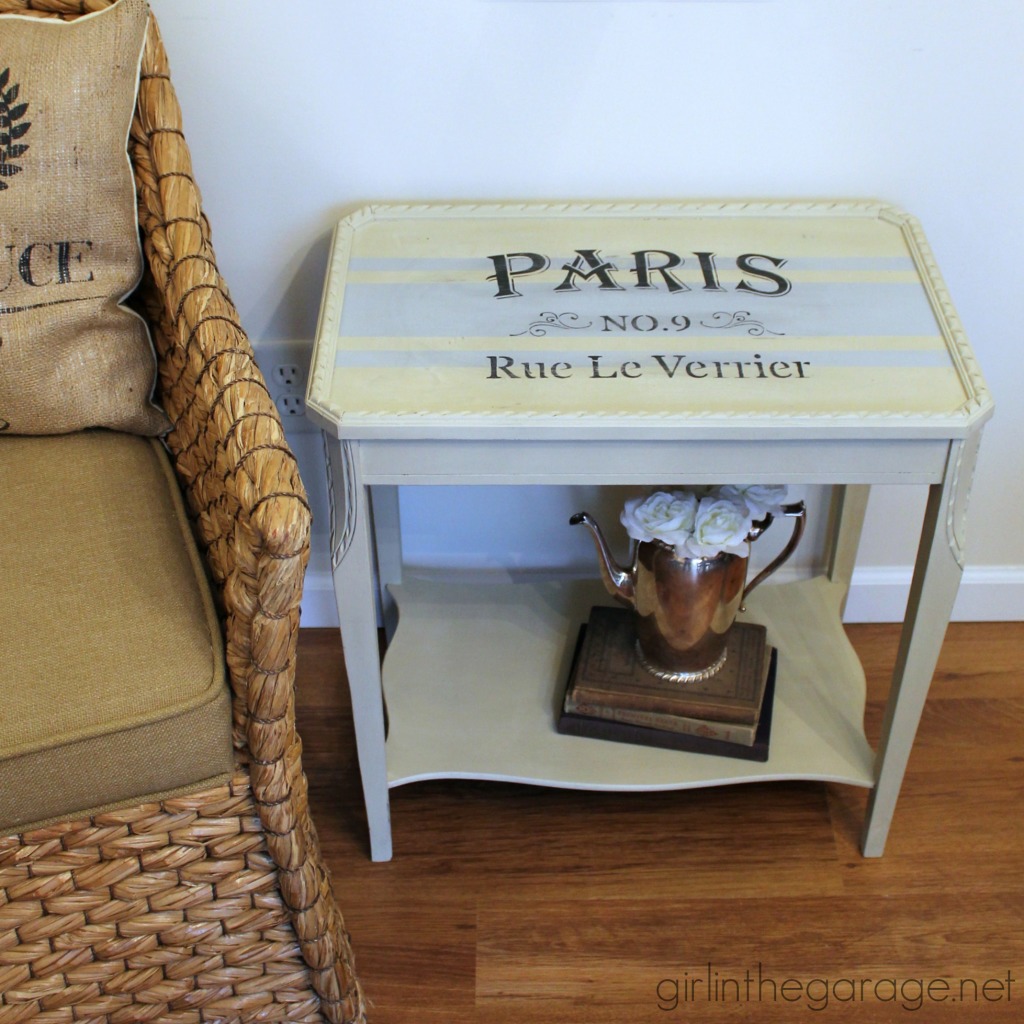 Inspiration for small table makeovers using paint, stencils, image transfer, decoupage, and more.  girlinthegarage.net