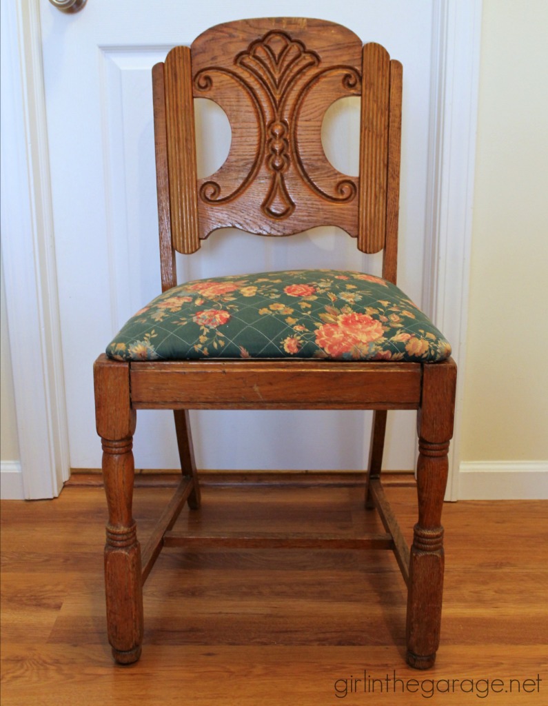 See how an outdated vintage chair got a French Country Chic makeover with new paint and grain sack fabric.  girlinthegarage.net