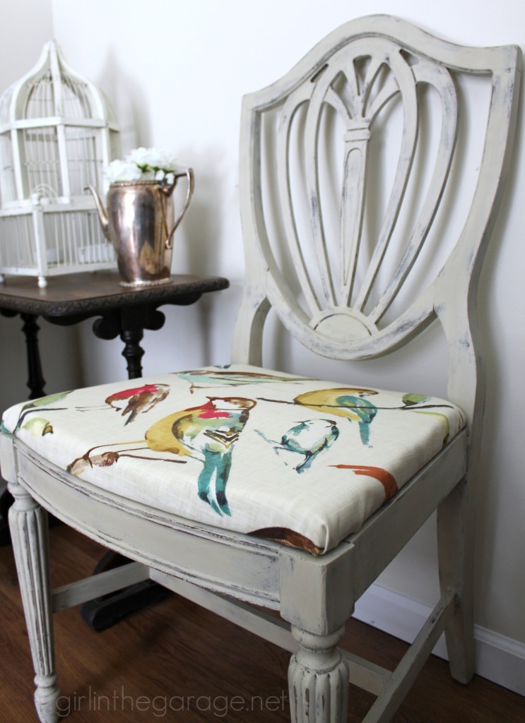 Country Grey Chalk Paint Chair Makeover with Bird Fabric