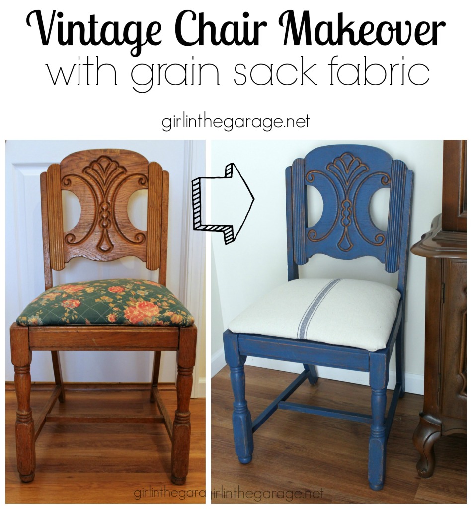 See how an outdated vintage chair got a French Country Chic makeover with new paint and grain sack fabric.  girlinthegarage.net