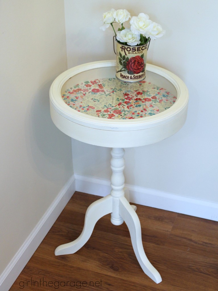 Inspiration for small table makeovers using paint, stencils, image transfer, decoupage, and more.  girlinthegarage.net