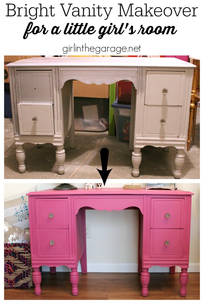 A vintage vanity gets a bright makeover for a little girl.  Custom pink color from Annie Sloan Chalk Paint.  girlinthegarage.net