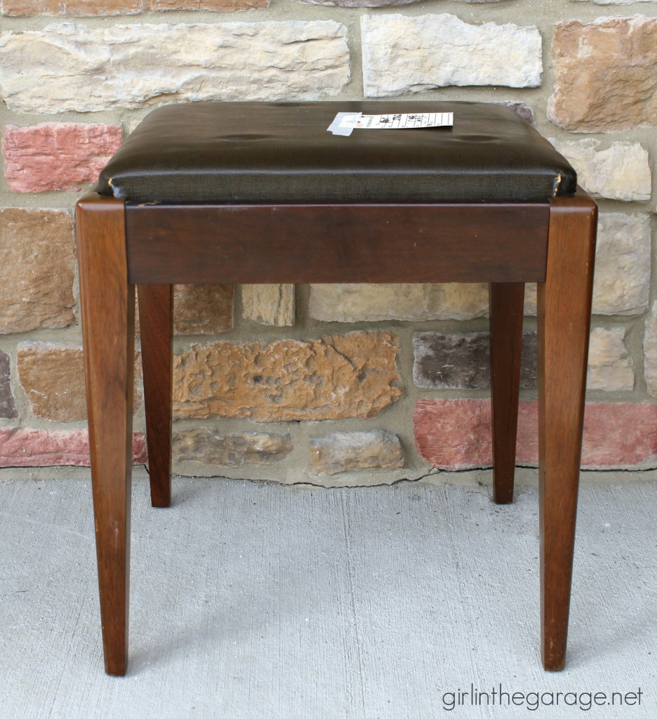 See how a plain Goodwill stool was given a vintage farmhouse makeover.  girlinthegarage.net