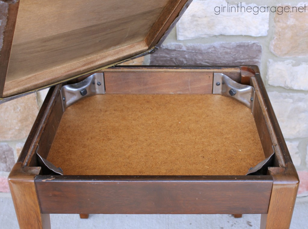 See how a plain Goodwill stool was given a vintage farmhouse makeover.  girlinthegarage.net