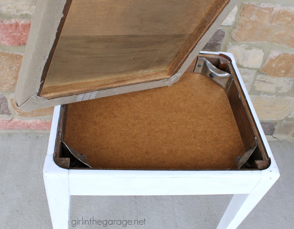 See how a plain Goodwill stool was given a vintage farmhouse makeover.  girlinthegarage.net