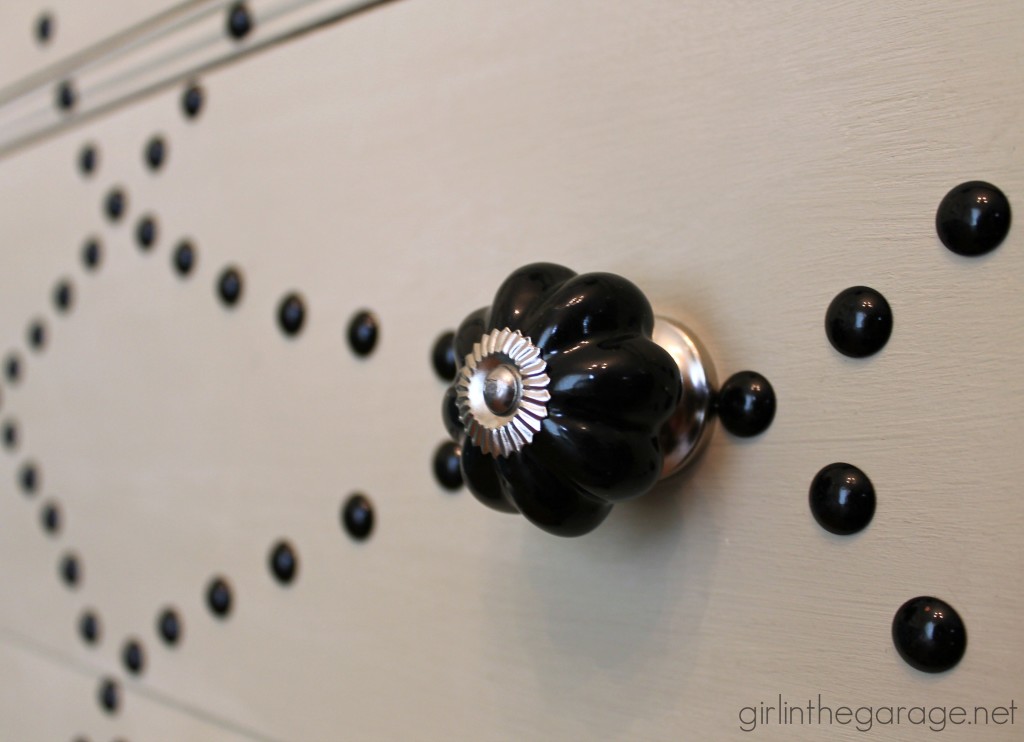 See how a dated vanity is transformed with Chalk Paint, nailhead trim, and beautiful new knobs. girlinthegarage.net