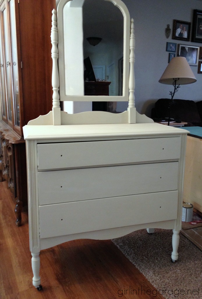 See how a dated vanity is transformed with Chalk Paint, nailhead trim, and beautiful new knobs. girlinthegarage.net