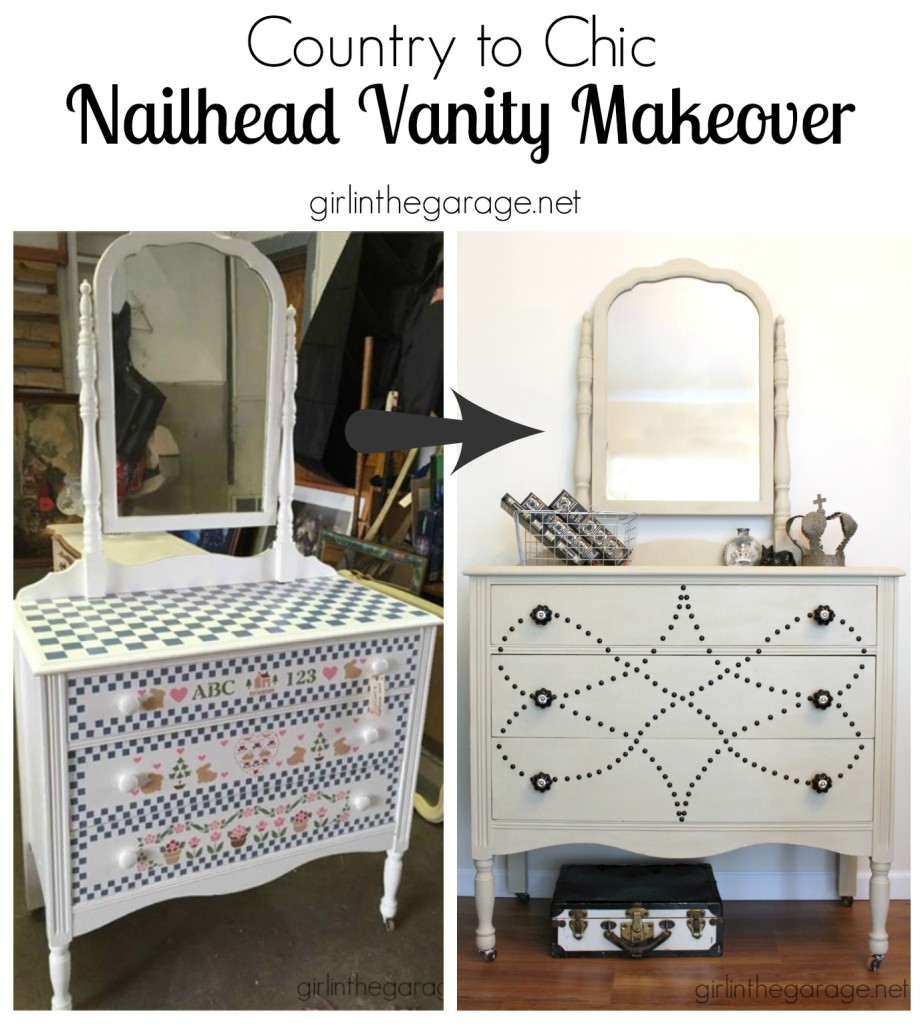 See how a dated vanity is transformed with Chalk Paint, nailhead trim, and beautiful new knobs. girlinthegarage.net