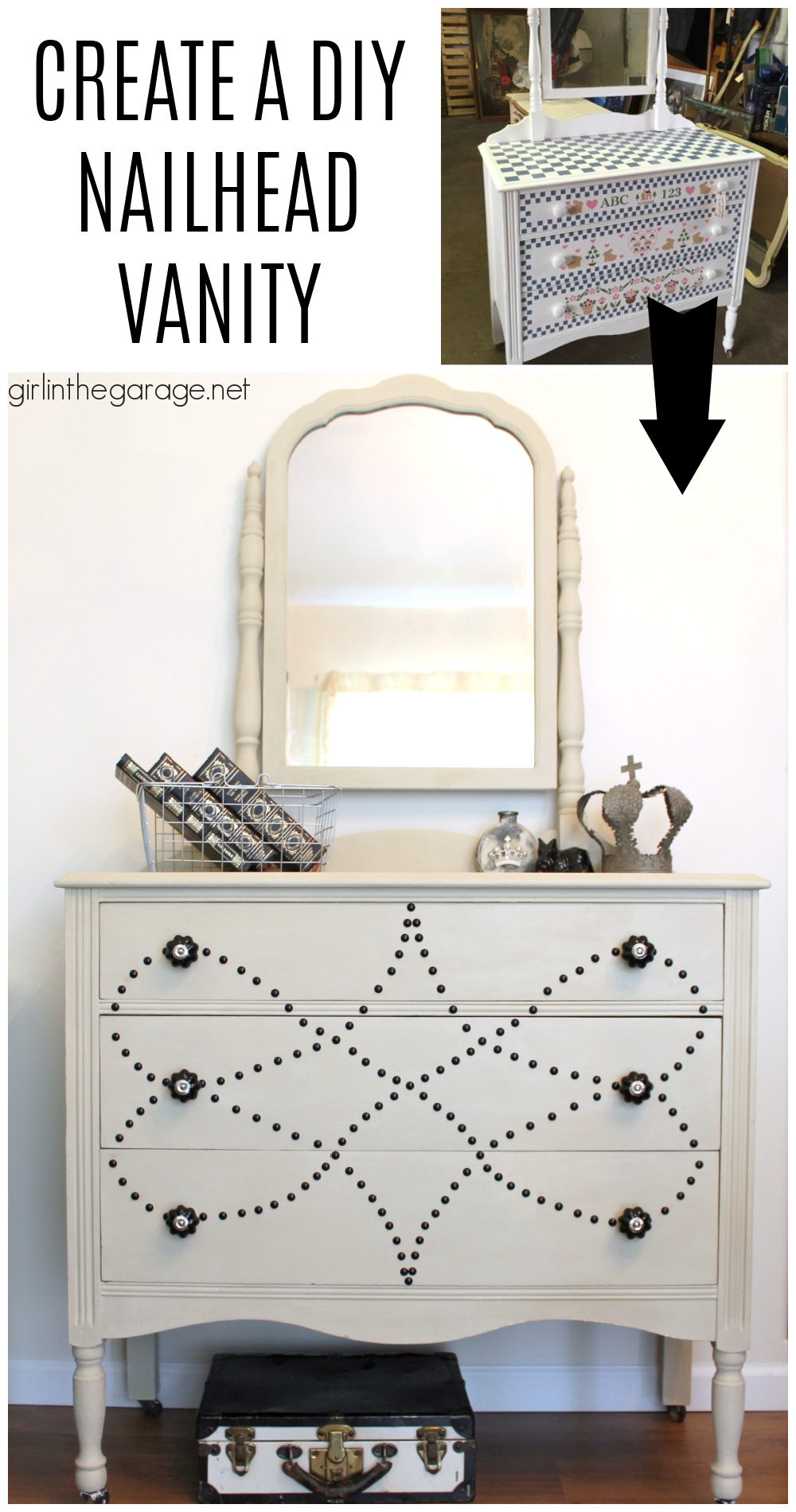 Chalk Painted Vanity Makeover - See how a dated vanity is transformed with Chalk Paint, nailhead trim, and beautiful new knobs. By Girl in the Garage