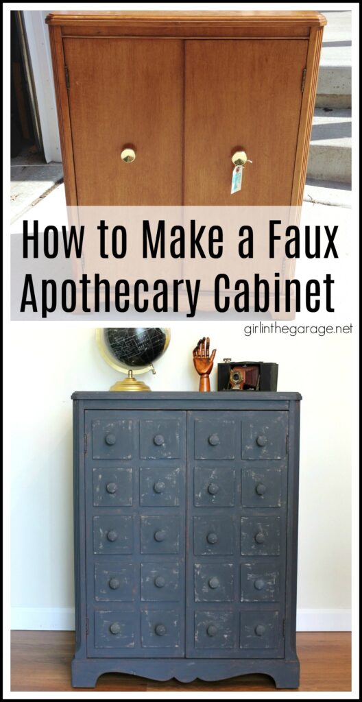 How to transform plain furniture into a stunning faux apothecary cabinet makeover - Step by step furniture makeover tutorial by Girl in the Garage