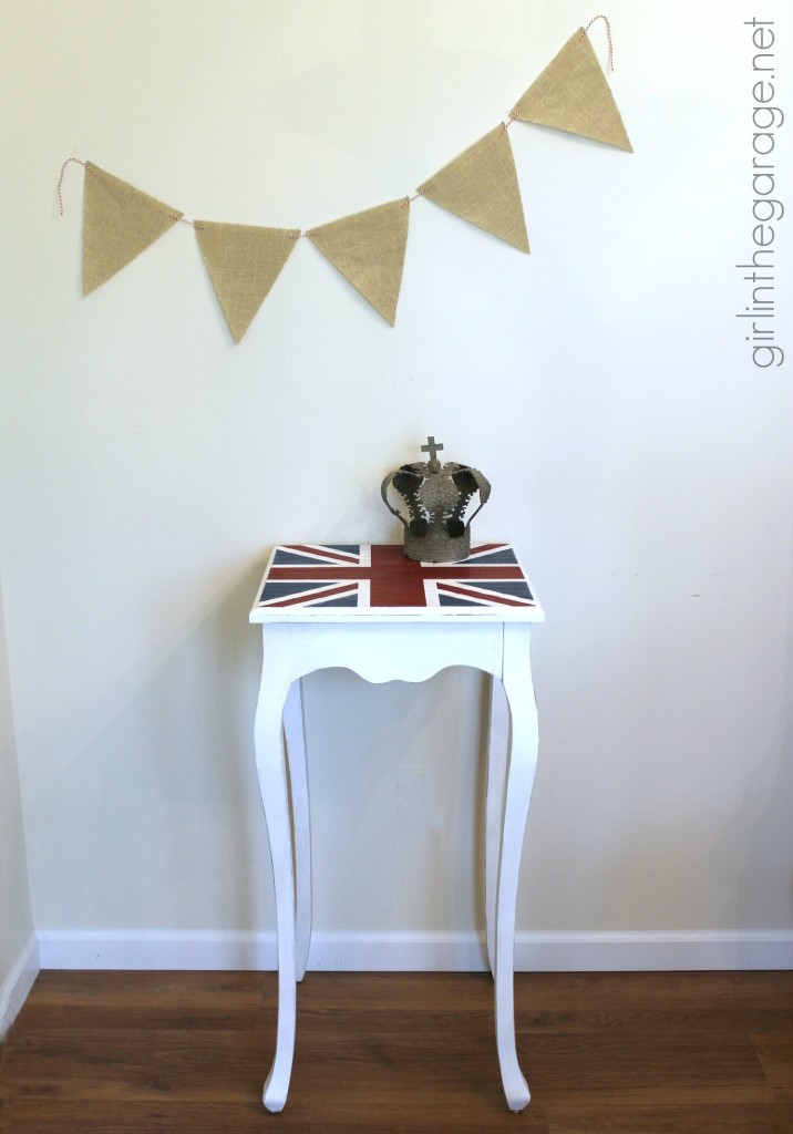 How a plain table was given a British makeover with the Union Jack flag.  girlinthegarage.net