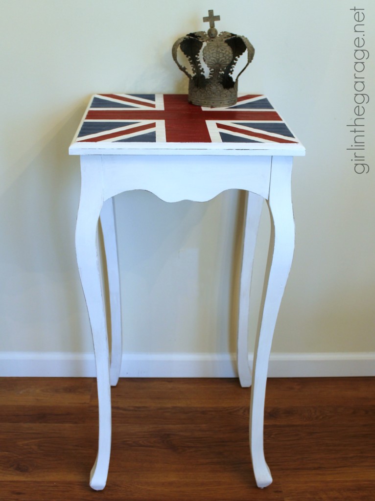 How a plain table was given a British makeover with the Union Jack flag.  girlinthegarage.net