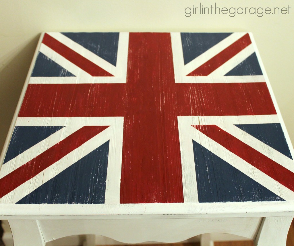 How a plain table was given a British makeover with the Union Jack flag.  girlinthegarage.net