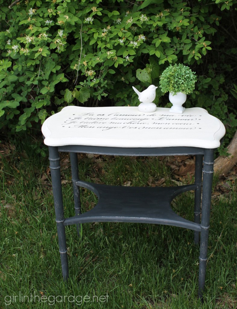 Inspiration for small table makeovers using paint, stencils, image transfer, decoupage, and more.  girlinthegarage.net