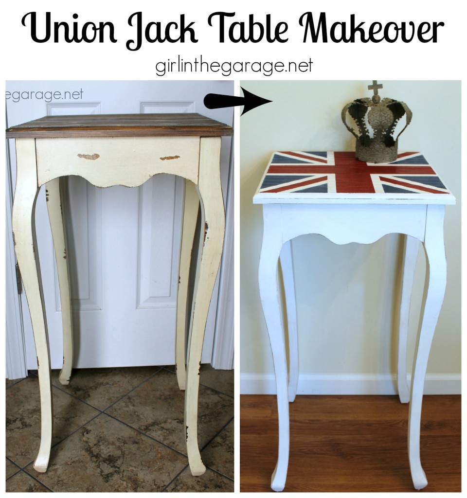 How a plain table was given a British makeover with the Union Jack flag.  girlinthegarage.net