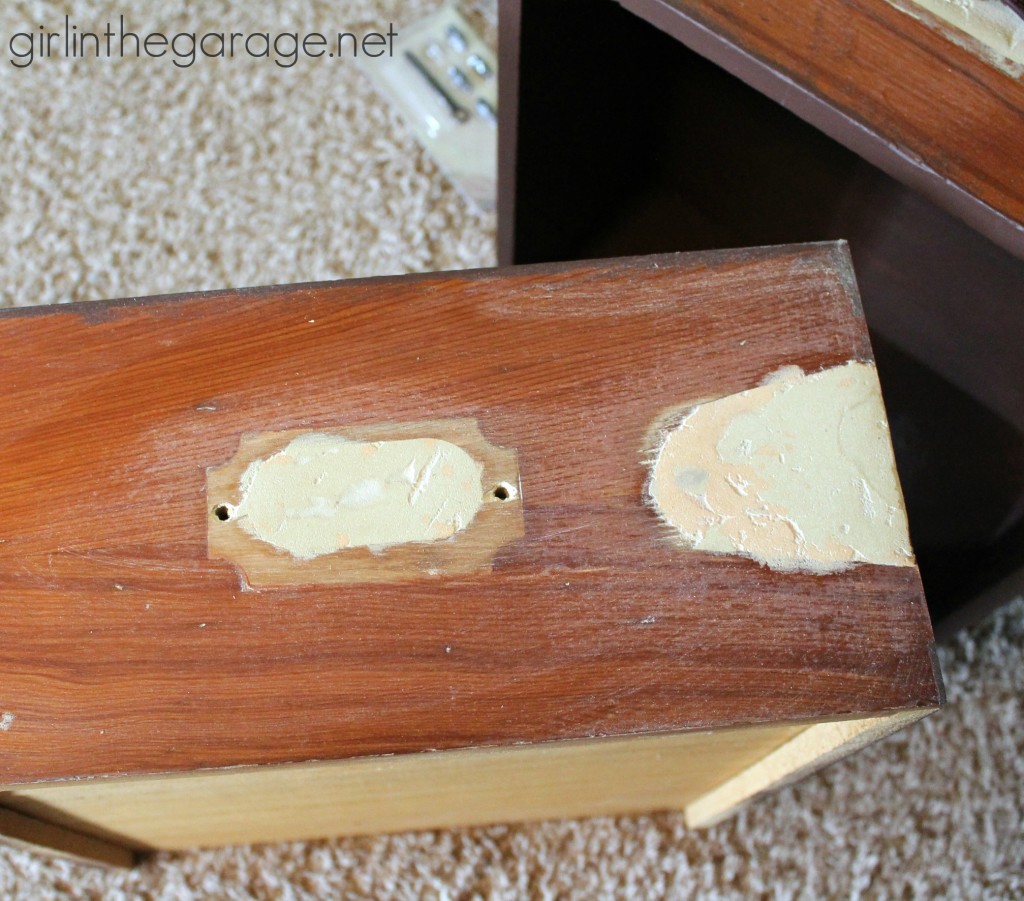 Learn how to upcycle two nightstands into Pottery Barn inspired trunk bedside tables with easy DIY leather pulls. By Girl in the Garage