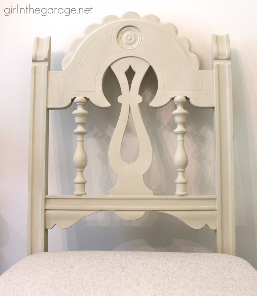 DIY Chair Makeover - How a bright vintage chair was toned down with Chalk Paint and new fabric.  girlinthegarage.net