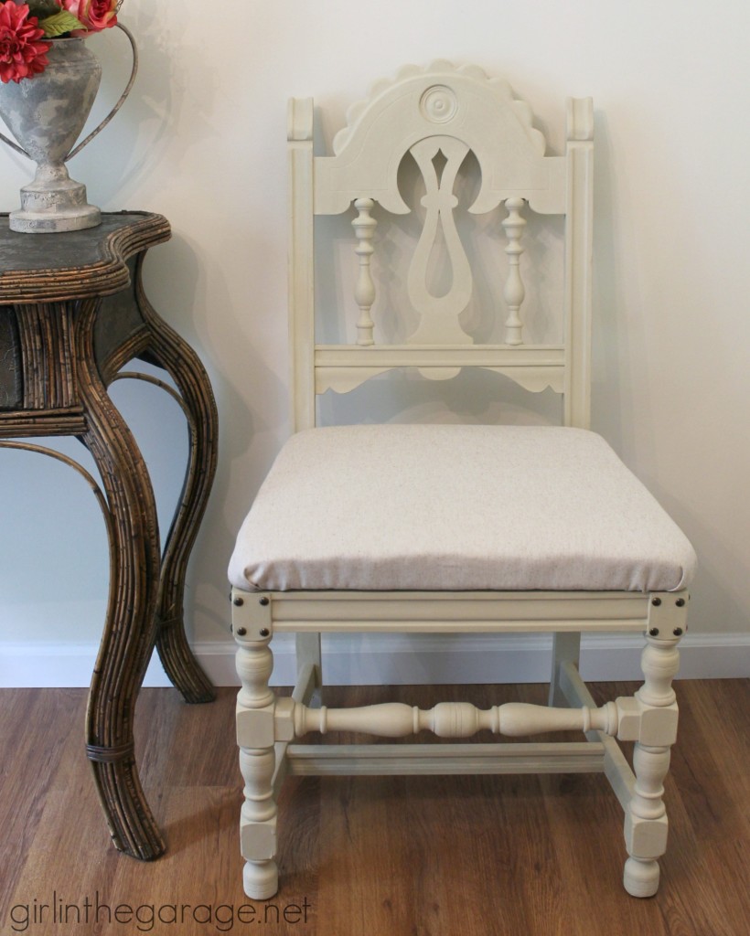 DIY Chair Makeover - How a bright vintage chair was toned down with Chalk Paint and new fabric.  girlinthegarage.net