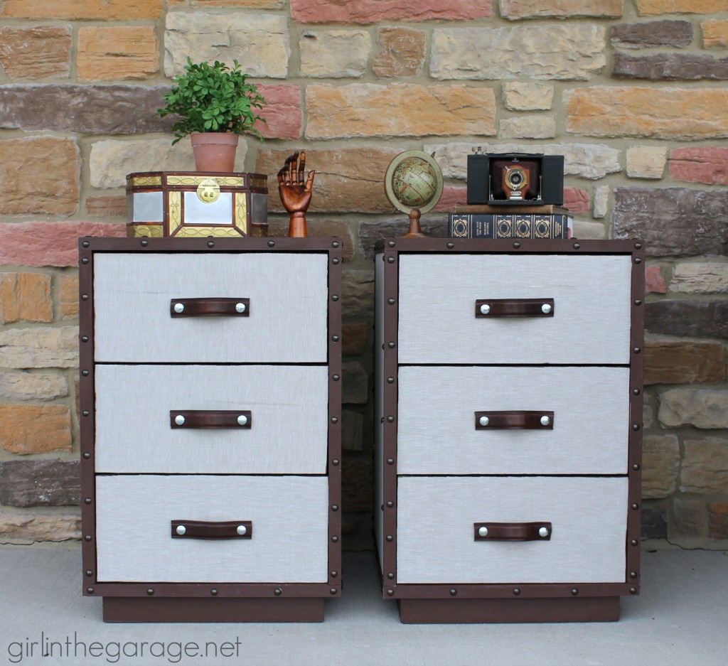 Learn how to upcycle two nightstands into Pottery Barn inspired trunk bedside tables with easy DIY leather pulls. By Girl in the Garage