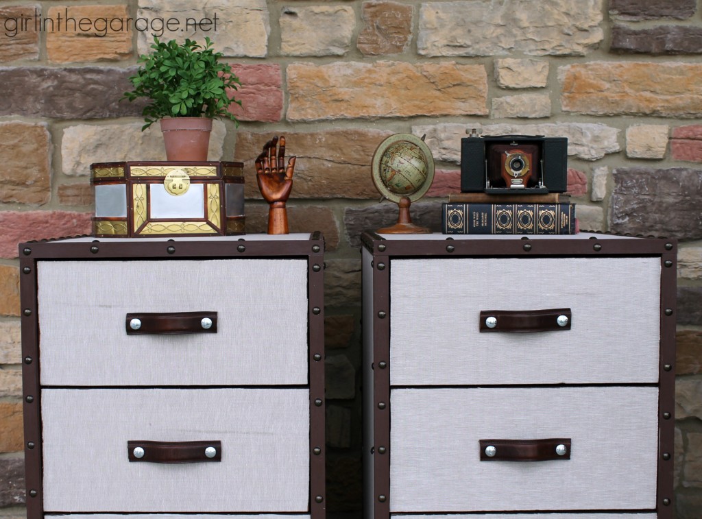 Learn how to upcycle two nightstands into Pottery Barn inspired trunk bedside tables with easy DIY leather pulls. By Girl in the Garage