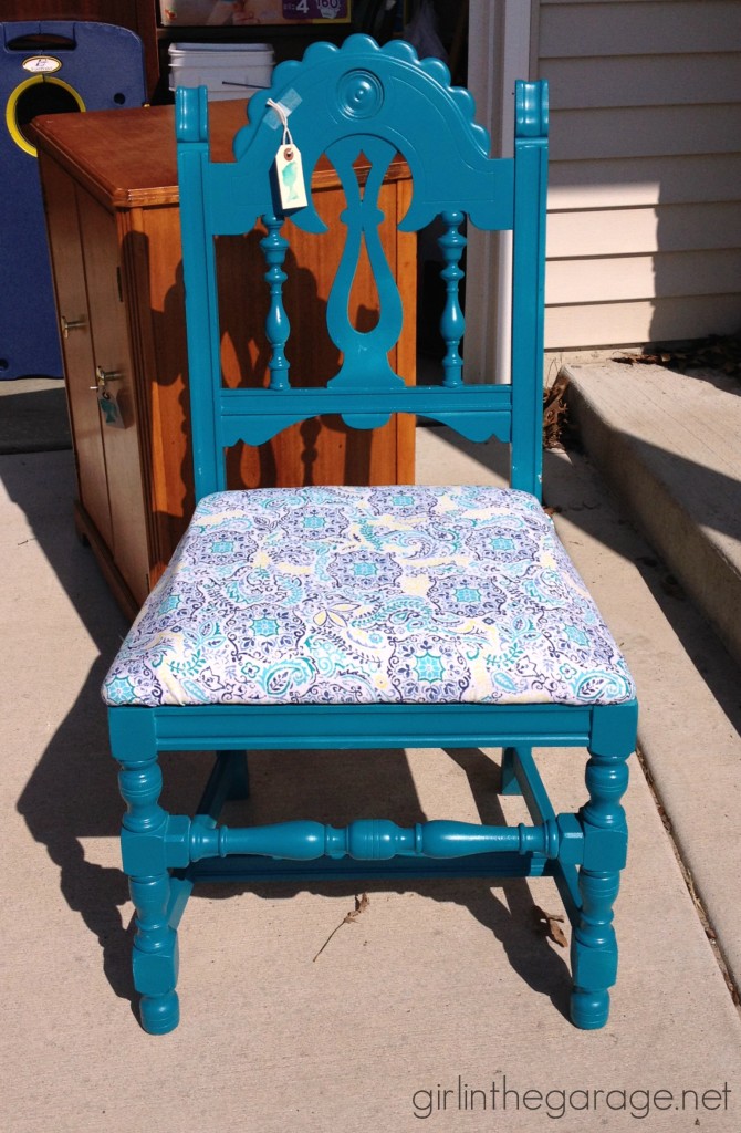 DIY Chair Makeover - How a bright vintage chair was toned down with Chalk Paint and new fabric.  girlinthegarage.net