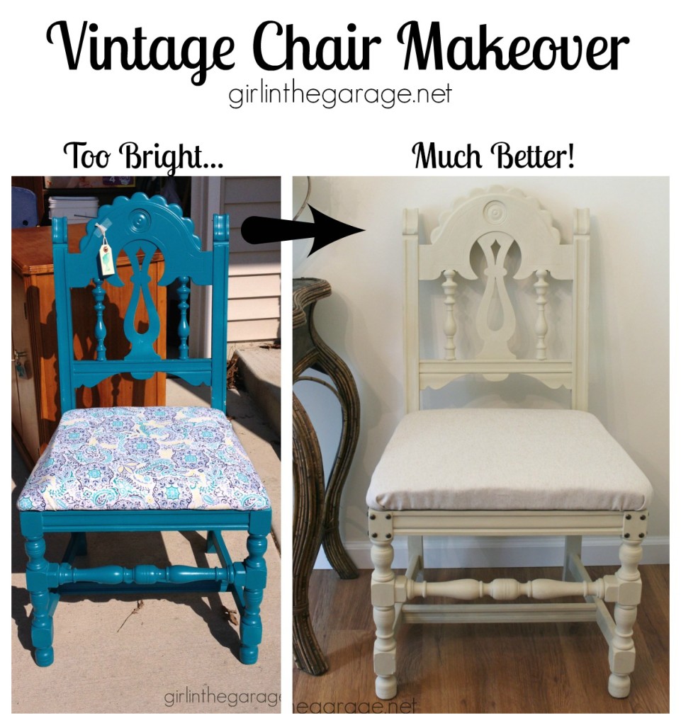 DIY Chair Makeover - How a bright vintage chair was toned down with Chalk Paint and new fabric.  girlinthegarage.net