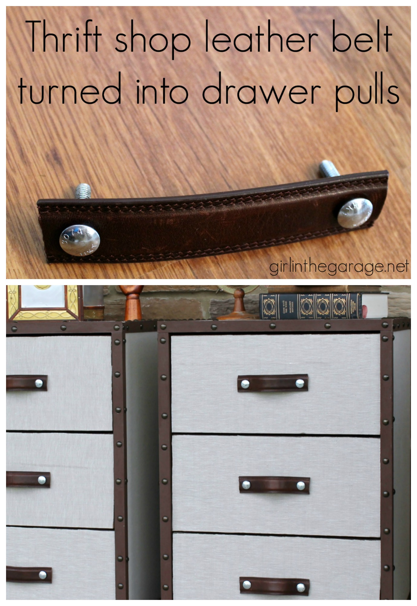 Learn how to upcycle two nightstands into Pottery Barn inspired trunk bedside tables with easy DIY leather pulls. By Girl in the Garage