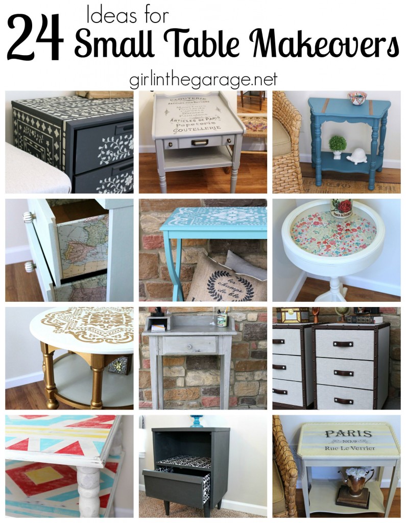 Inspiration for small table makeovers using paint, stencils, image transfer, decoupage, and more.  girlinthegarage.net