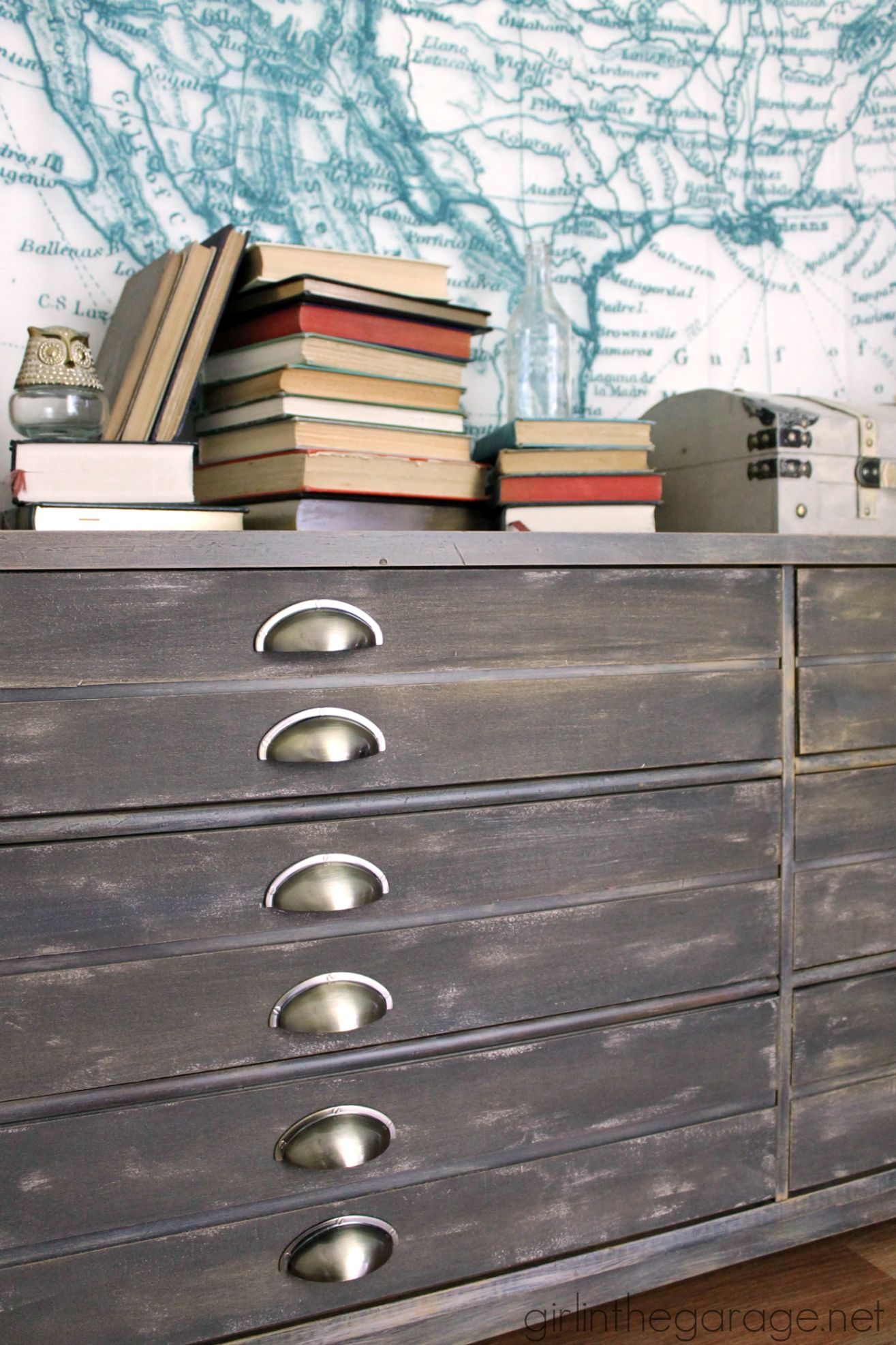 Repurpose a free dresser into an Anthropologie inspired faux industrial printer's cabinet - Girl in the Garage