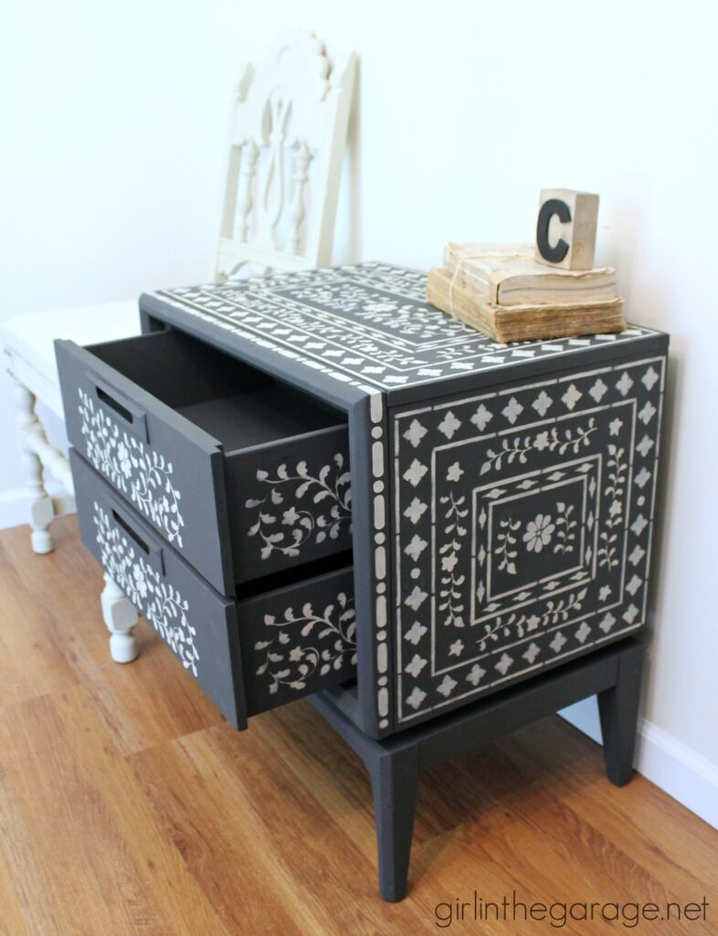 How to achieve the high end look of Indian Inlay furniture by stenciling. girlinthegarage.net