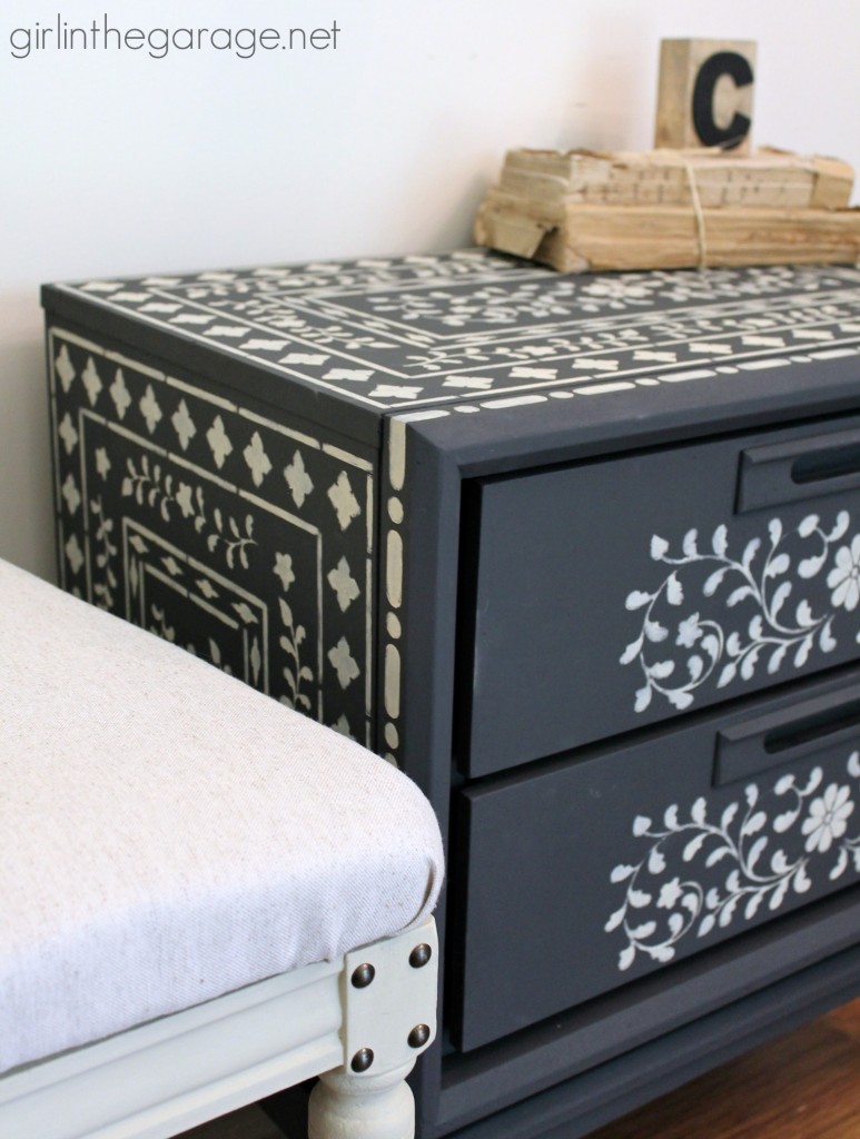 How to achieve the high end look of Indian Inlay furniture by stenciling. girlinthegarage.net