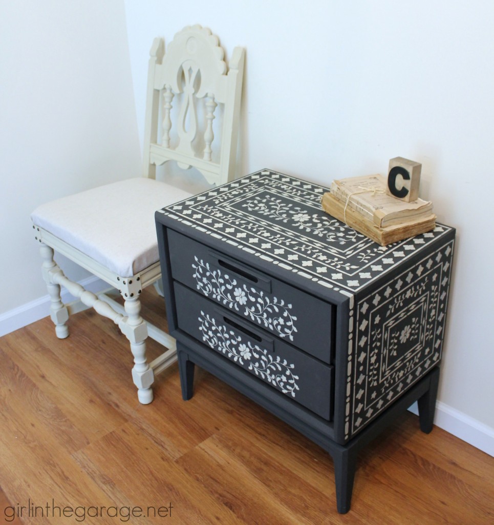 Inspiration for small table makeovers using paint, stencils, image transfer, decoupage, and more.  girlinthegarage.net