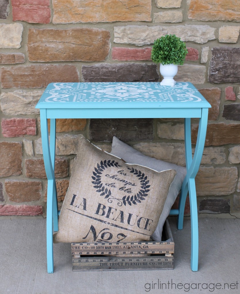 How to transform a plain table into a beautiful accent piece with Chalk Paint and the perfect stencil.  girlinthegarage.net