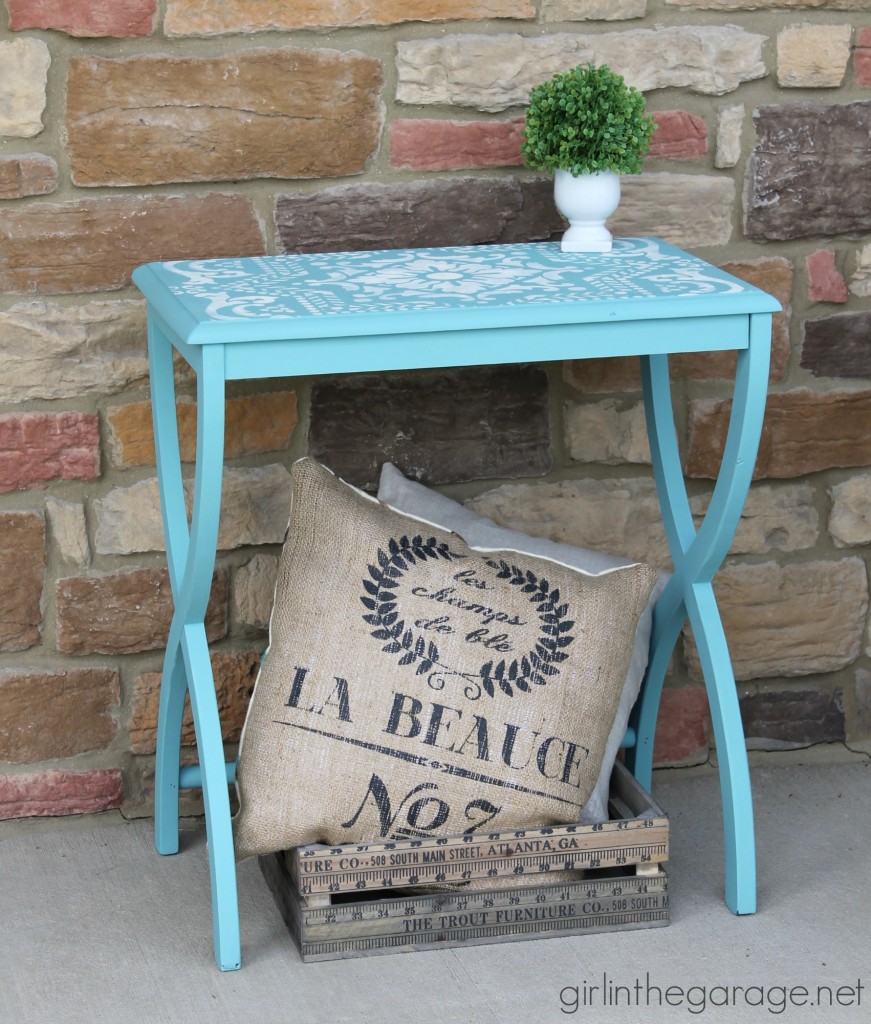 Inspiration for small table makeovers using paint, stencils, image transfer, decoupage, and more.  girlinthegarage.net