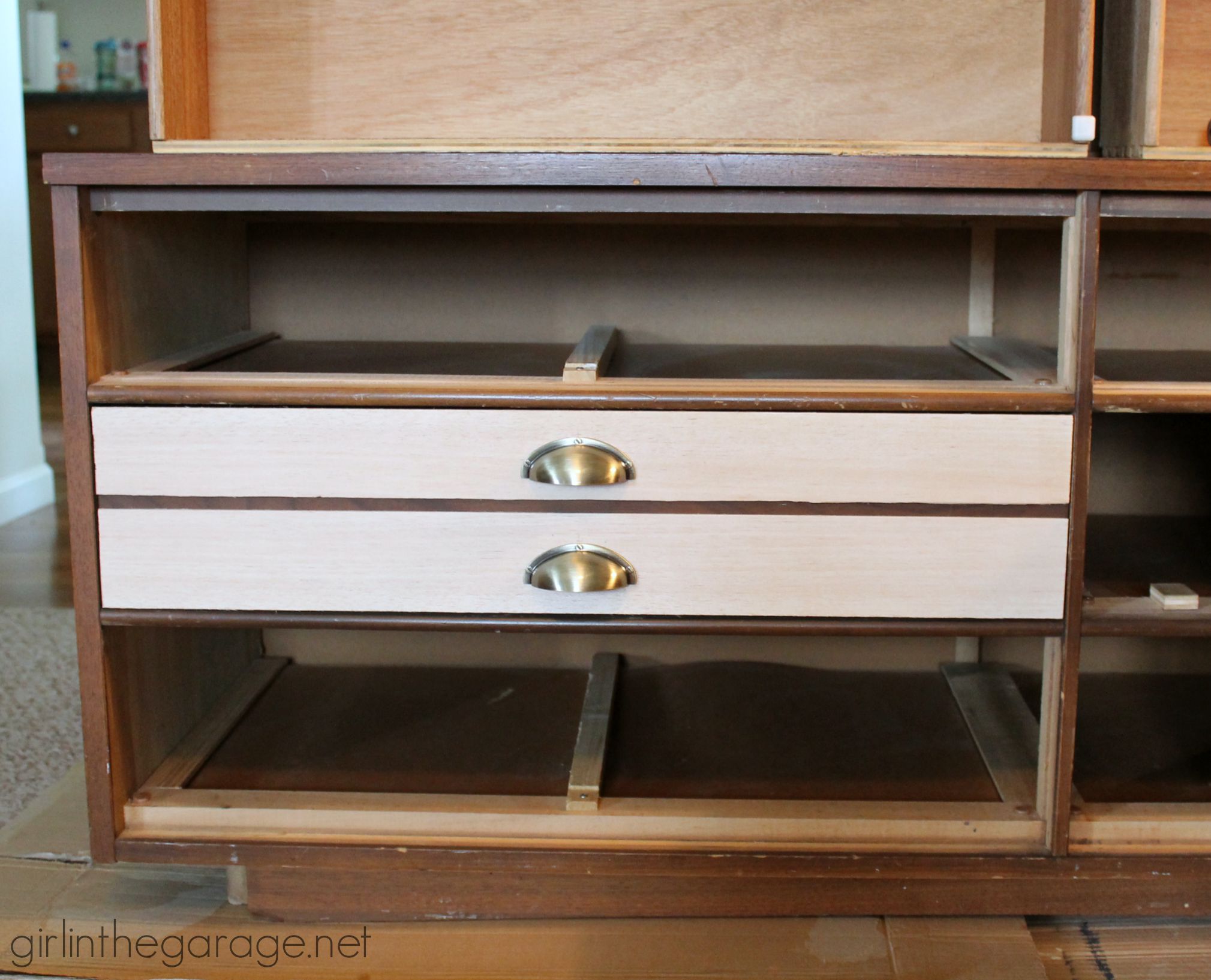 Repurpose a free dresser into an Anthropologie inspired faux industrial printer's cabinet - Girl in the Garage