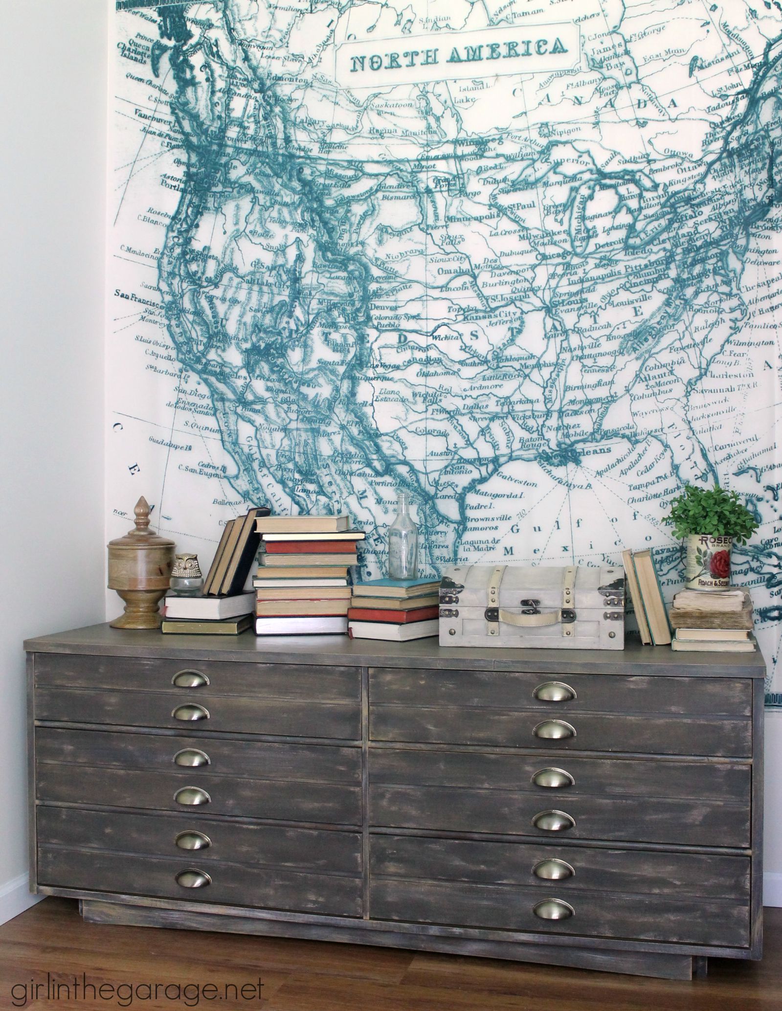 Repurpose a free dresser into an Anthropologie inspired faux industrial printer's cabinet - Girl in the Garage