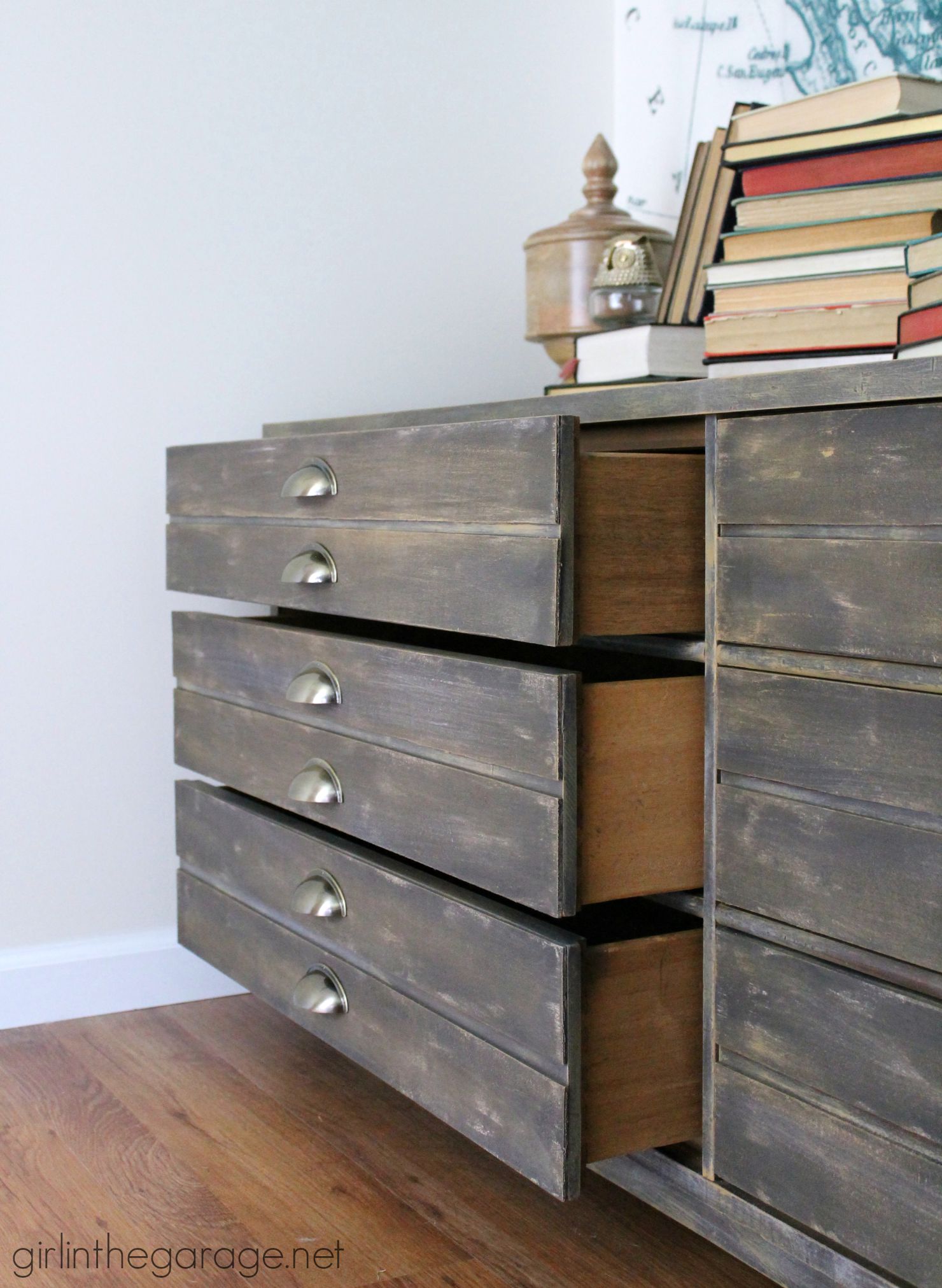 Repurpose a free dresser into an Anthropologie inspired faux industrial printer's cabinet - Girl in the Garage