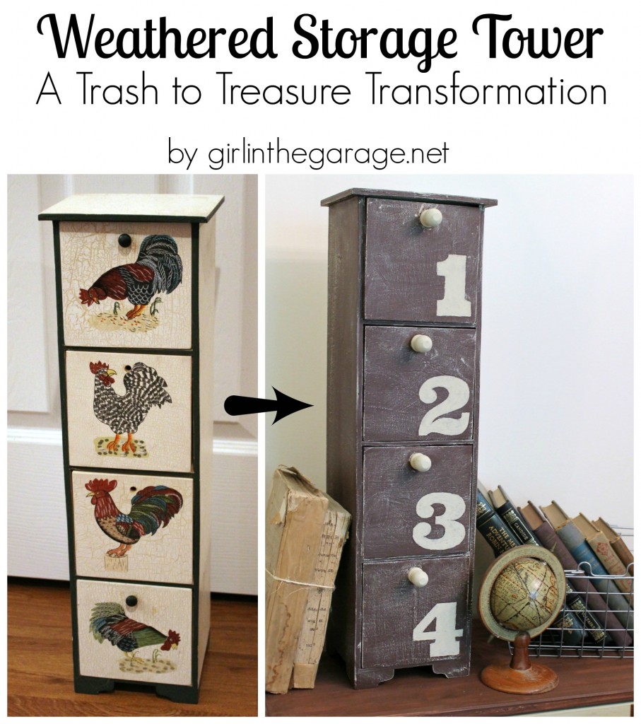 Trash to Treasure Makeover: Weathered Rustic Storage Tower from Rooster Decor. girlinthegarage.net