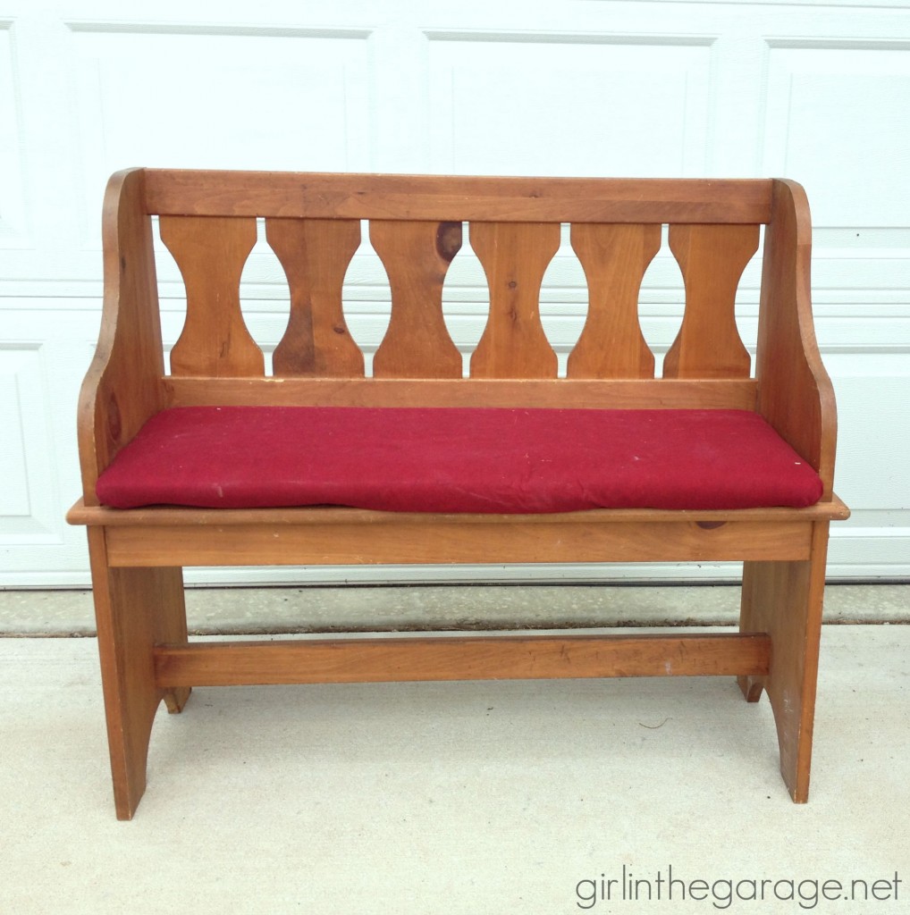 How a dated country bench was painted with Chalk Paint and a vintage sign stencil.  girlinthegarage.net