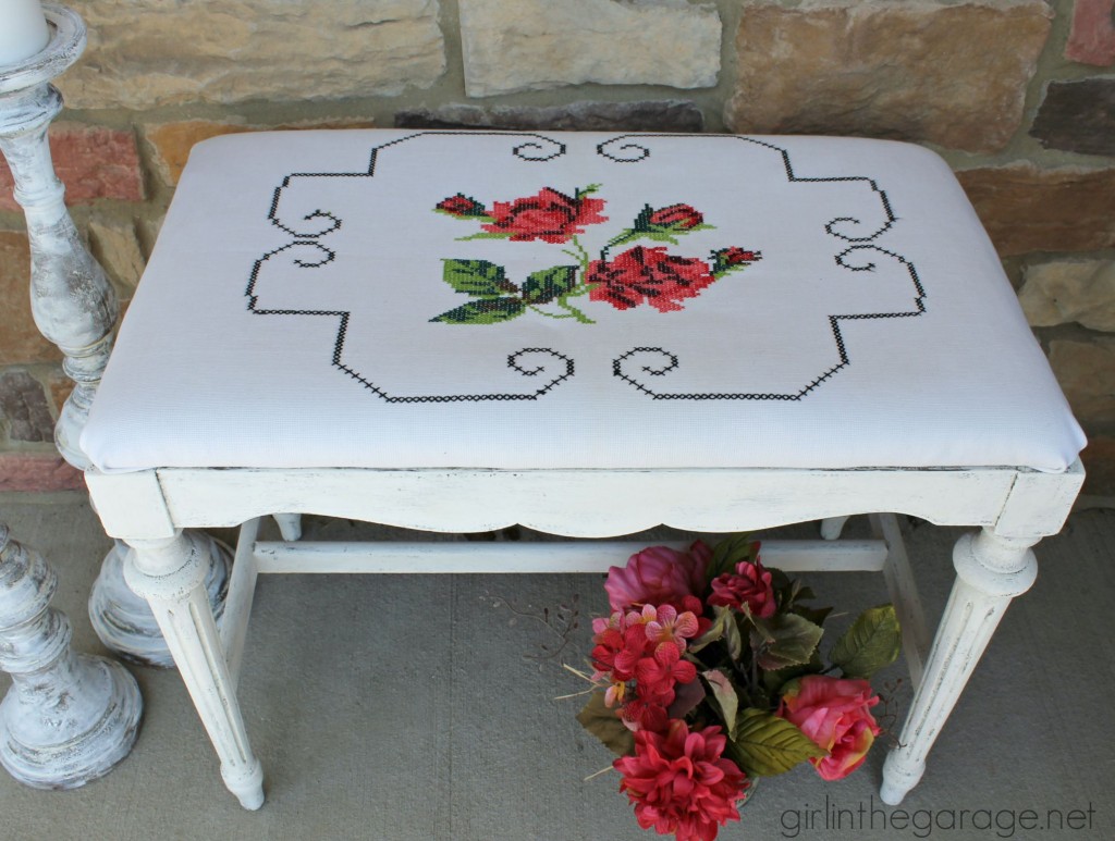 A shabby chic style antique bench makeover with Chalk Paint and recovered with a vintage pillowcase.  girlinthegarage.net