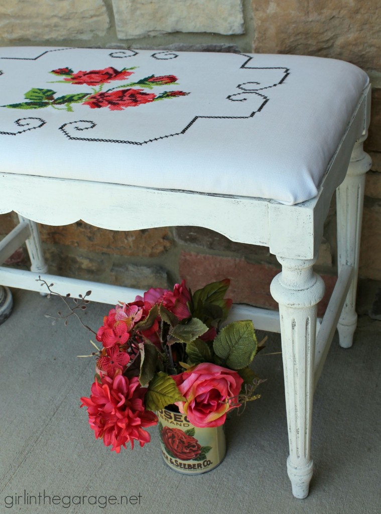 A shabby chic style antique bench makeover with Chalk Paint and recovered with a vintage pillowcase.  girlinthegarage.net