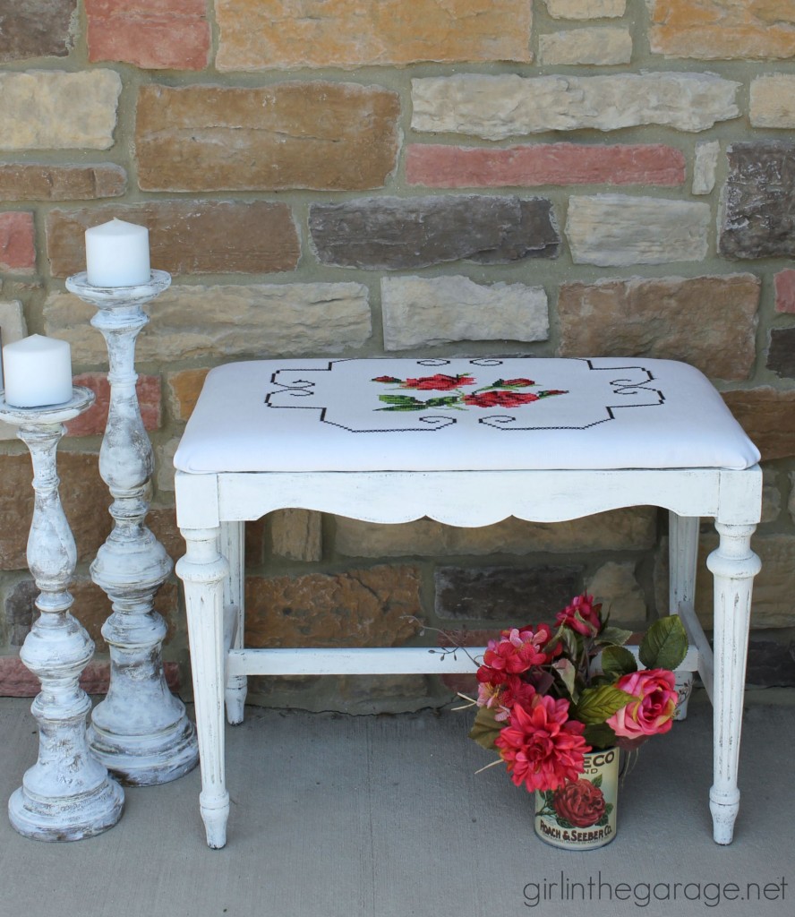 A shabby chic style antique bench makeover with Chalk Paint and recovered with a vintage pillowcase.  girlinthegarage.net