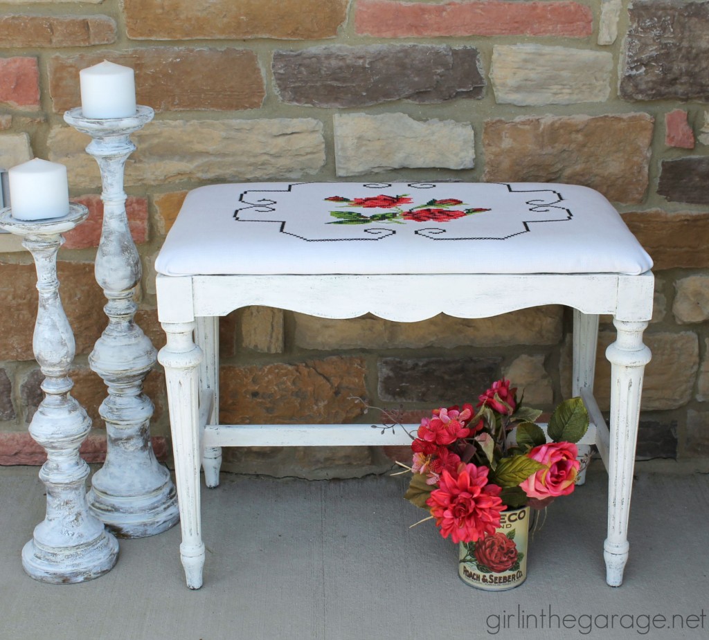 Vintage bench makeover with cross stitch pillowcase - Girl in the Garage