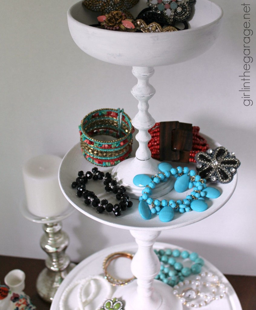 Trash to Treasure: How to make a DIY tiered display stand from random thrift store pieces. girlinthegarage.net