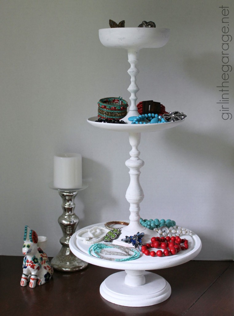 Trash to Treasure: How to make a DIY tiered display stand from random thrift store pieces. girlinthegarage.net