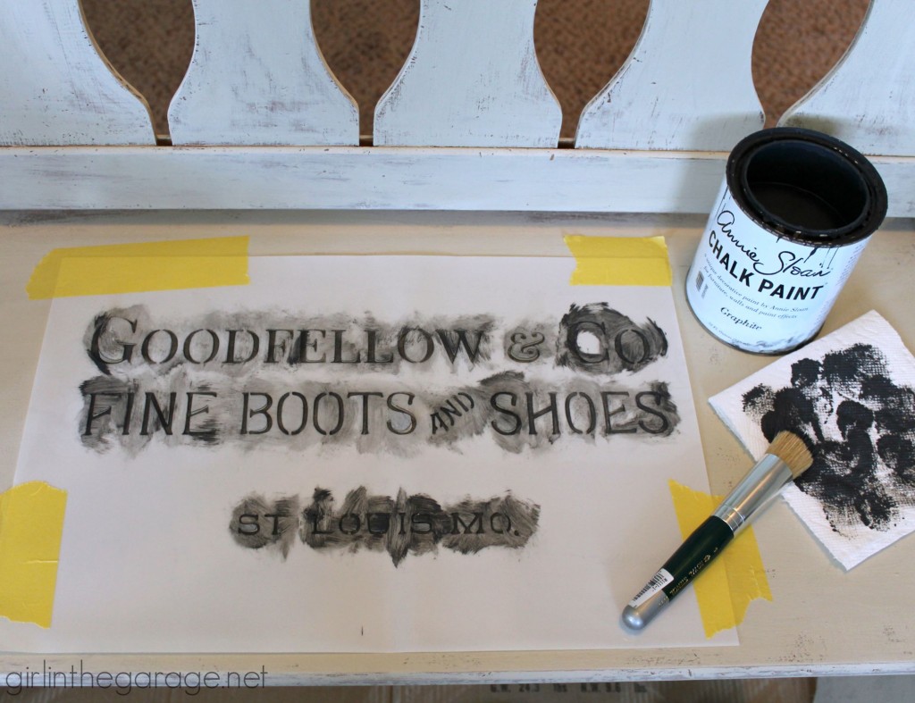 How a dated country bench was painted with Chalk Paint and a vintage sign stencil.  girlinthegarage.net